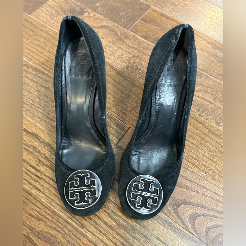 Tory Burch Black Suede Heels with Silver Logo